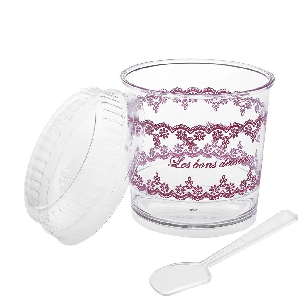 

30 Sets Mini Dessert Cups Clear Plastic Elegant Design Lid Spoon for Catering Parties Birthdays Weddings Tasting Glass Mousse