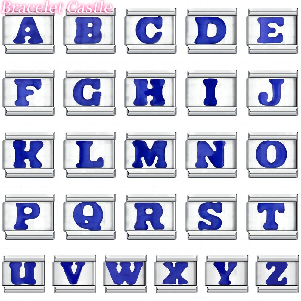 Blue Fit 9mm Italian Link Charm Module Women Bracelet 26 English Letters A-Z Stainless Steel Hand Decorations Men DIY Make Gift