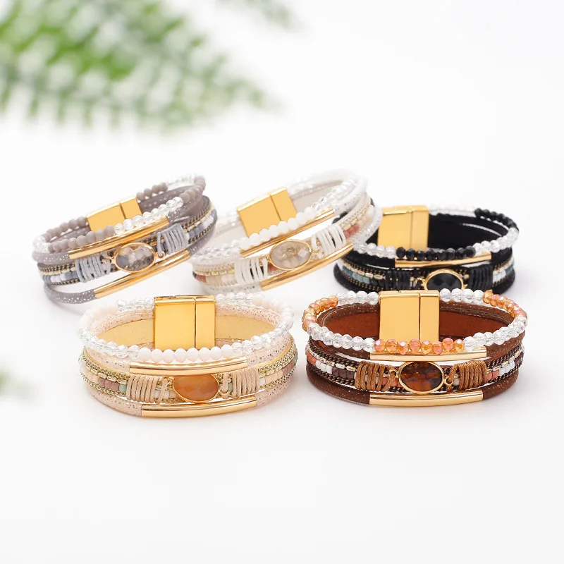 

Vintage Multilayer Beaded Bracelet Set Mixed Color Boho Style Cuff Magnetic Clasp Fashion Jewelry for Women Vacation Accessories