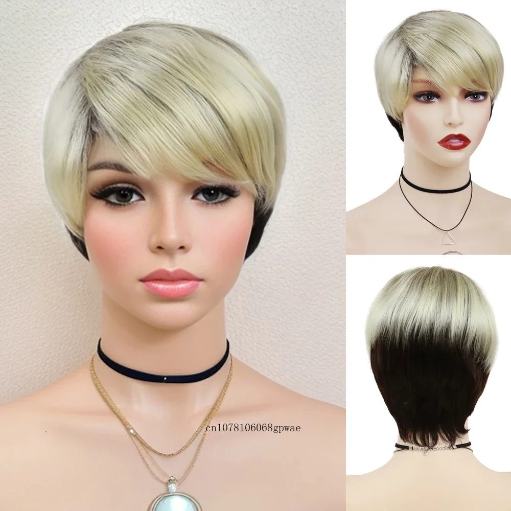 

Синтетические волосы, коричневый смешанный блондин, парик с челкой для женщин, короткие многослойные парики с стрижкой пикси, карнавальный костюм, вечерние, термостойкие