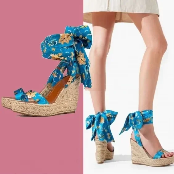 

Fashion Weave Wedges Espadrille Silk-tie Fringed Woven Sandals Platform Ankle Tie Floral Sandals Lady Luxury Slingback Shoes