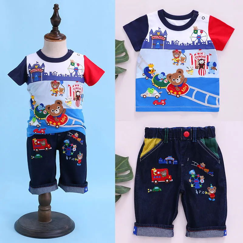 

Summer 2025 Boys T-Shirt Japanese Kids Cartoon Pattern Denim Shorts