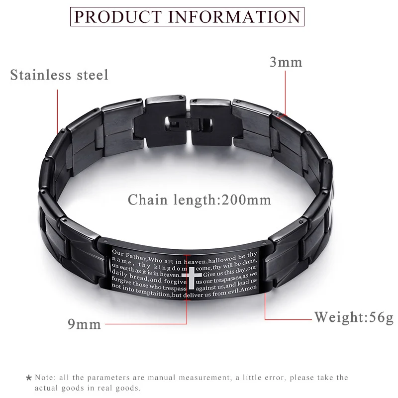 Men Bracelet Stainless Steel Cross English Prayer Casual Bangle Gift