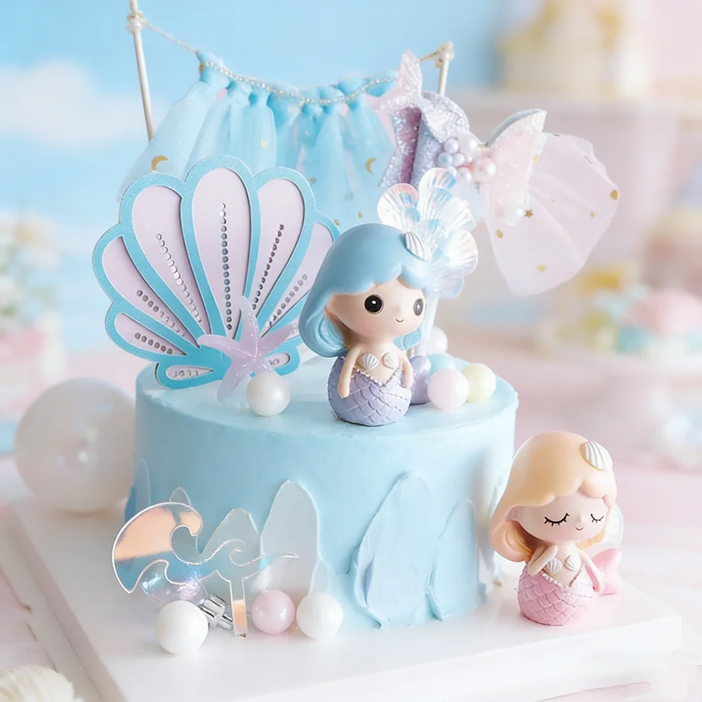Meerjungfrau-Kuchendekoration Ozean-Thema Mädchen Happy Birthday Kuchenaufsätze Babyparty-Zubehör Meerjungfrau-Party Cupcake-Topper