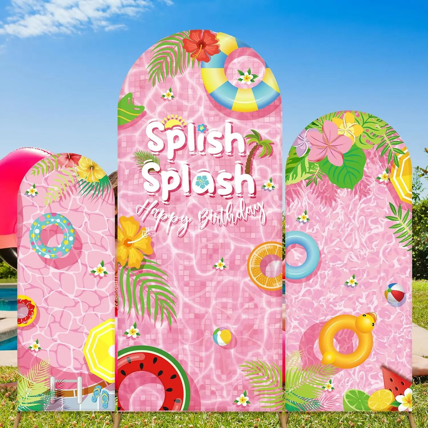 Fondo de arco temático de Splish Splash para feliz cumpleaños, telón de fondo para fiesta en piscina, color rosa tropical de verano, para niños y adultos