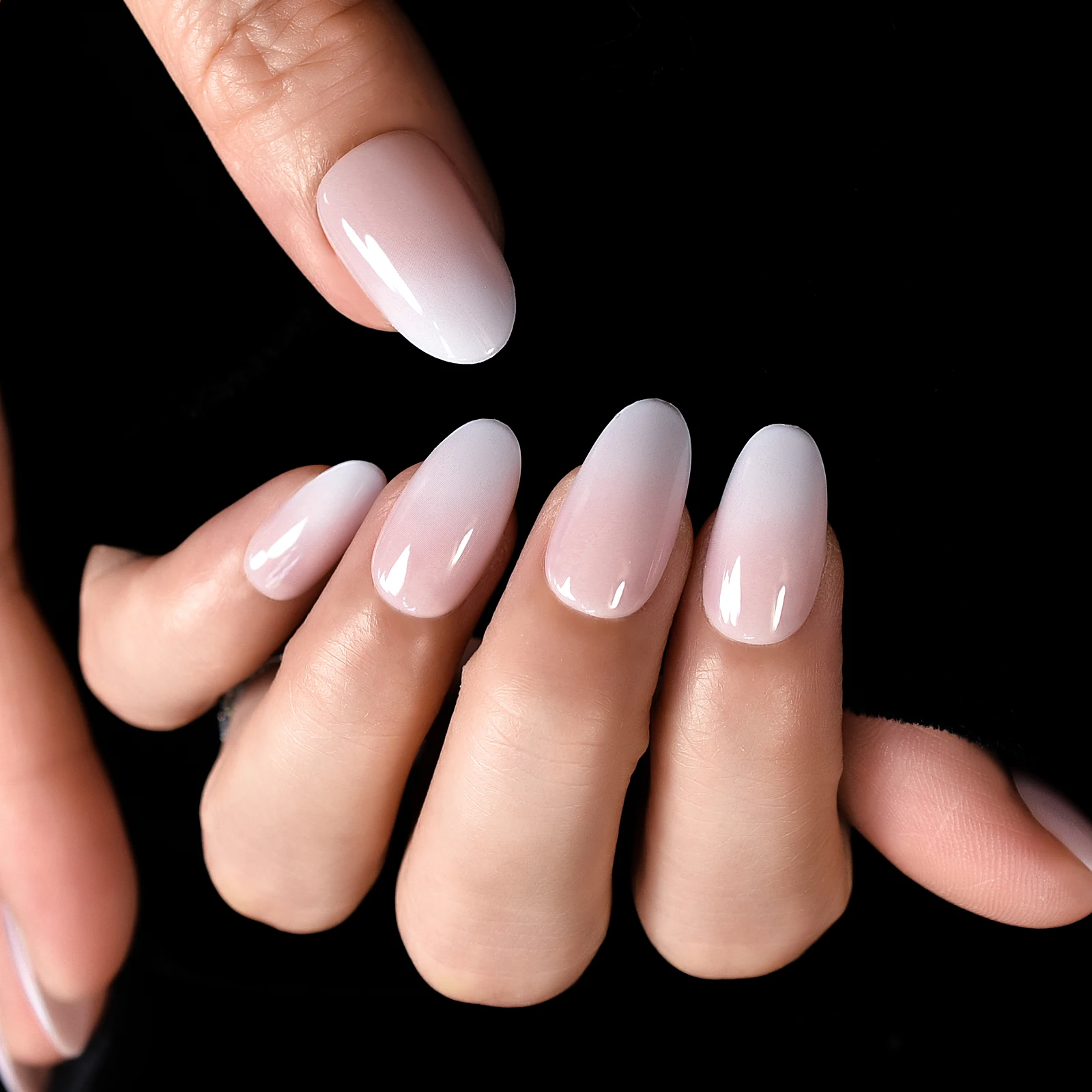 24pcs Glossy Milk White Pink Press On False Nails Medium Length Almond Reusable Acrylic Nail Art Tips Fake Fingernails