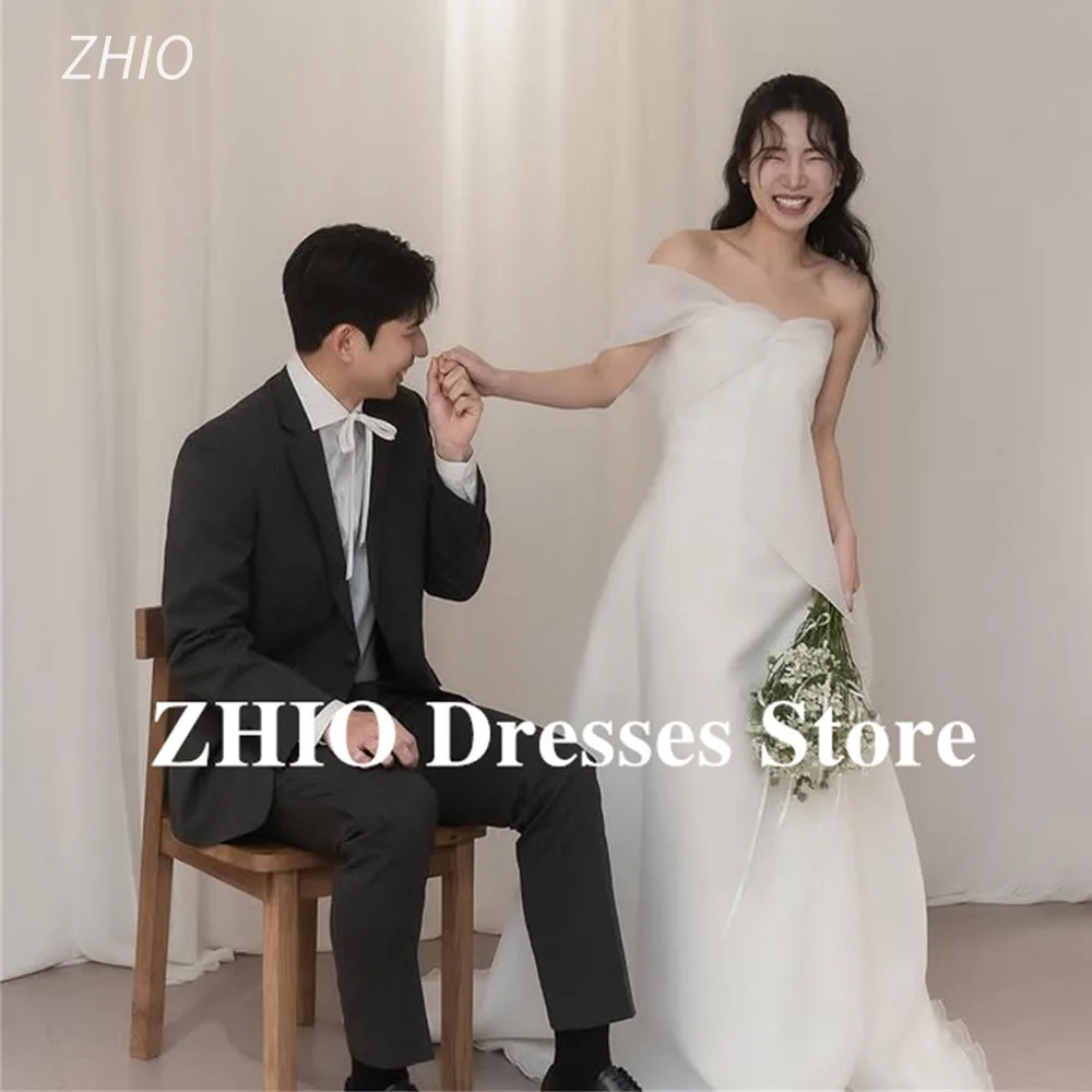 

ZHIO Simple One-Shoulder Korea Ivory A-line Wedding Dresses Organza Cross type Corset Back Customized Pretty Bride Party Gowns