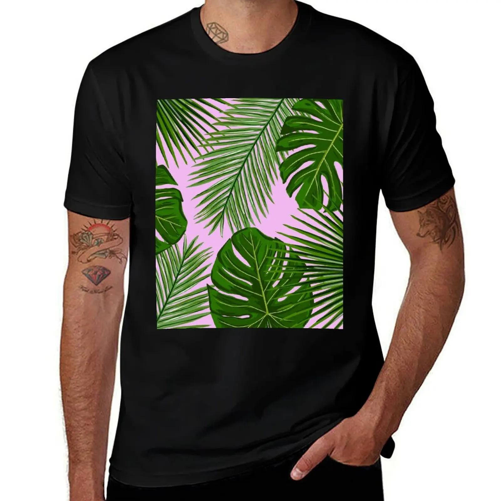 Monstera and Palm Tropical Leaves on Pink T-Shirt Performance Workout Short Sleeve Tee T-Shirt