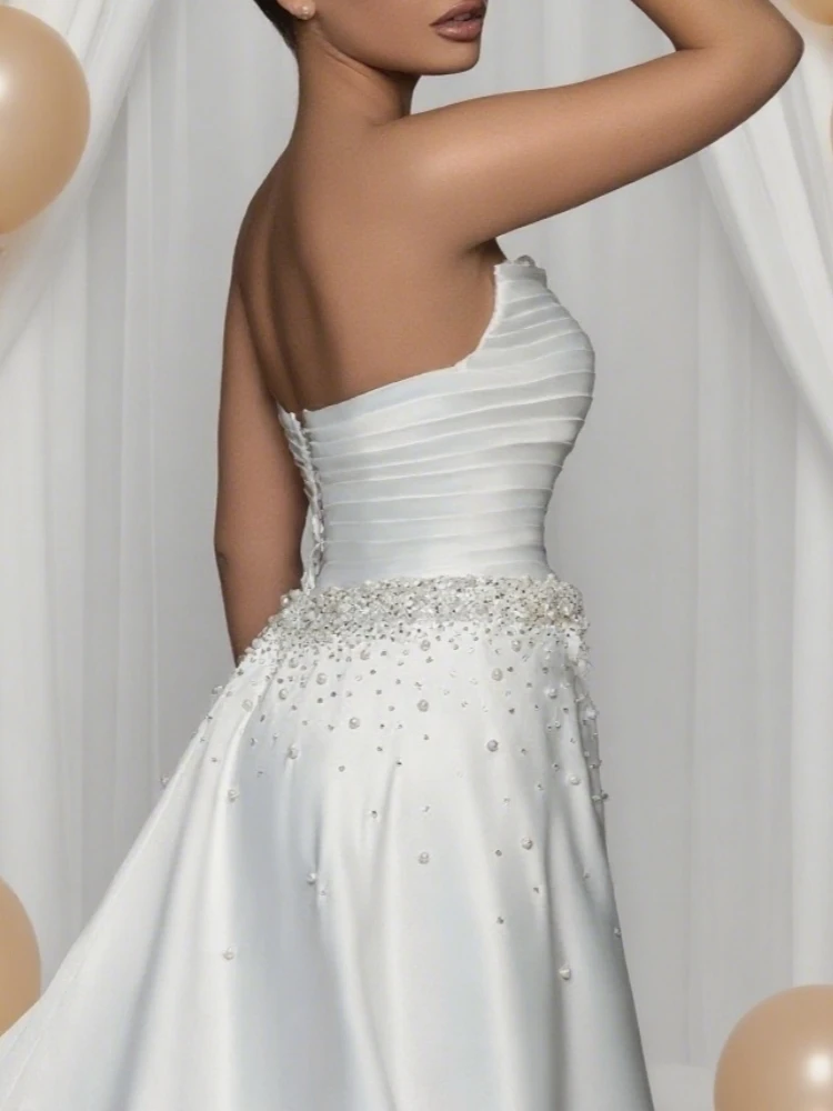 Изысканное свадебное платье с жемчугом по индивидуальному заказу, со съемным шлейфом и вырезом лодочкой, со складками, атласное платье без рукавов, Русалка Abito Da Sposa