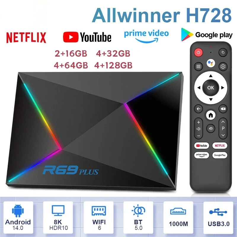 2025 Tech Android 14 Smart TV BOX Allwinner H728 ثماني النواة 4G + 32G التحكم الصوتي 8K Ultra HD TV Box Netflix WIFI 6 Set Top Box