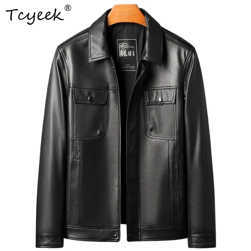 

Tcyeek из натуральной верхней кожи, весенне-осенняя модная черная мужская куртка из натуральной кожи с лацканами Jaqueta De Couro Masculina