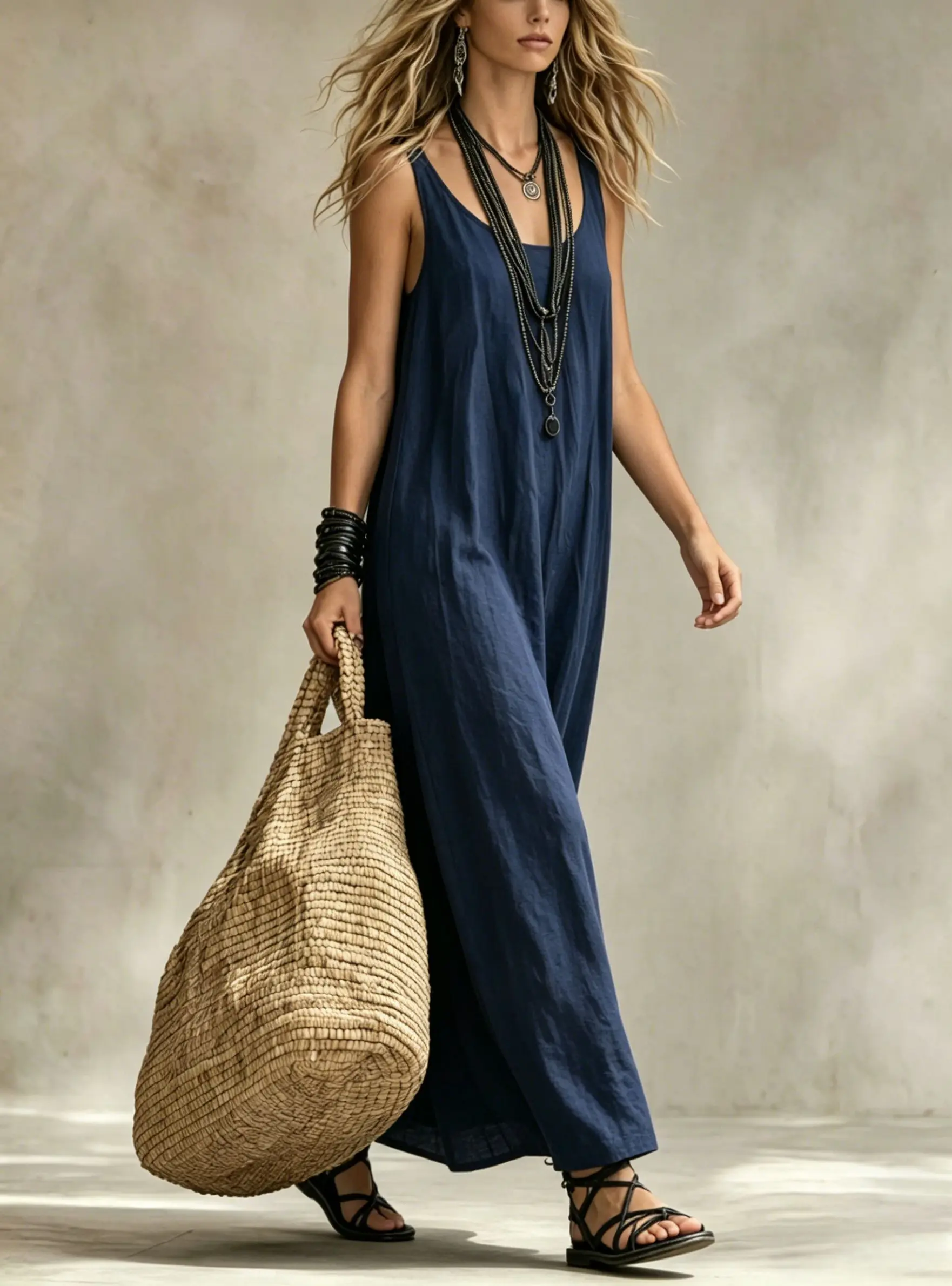 Damen Fließendes Ärmelloses Langes Kleid Lässiger U-Ausschnitt Locker Sitzendes Maxikleid Vielseitiges Sommer-Urlaubs-Party-Pendler-Outfit – Detail 7