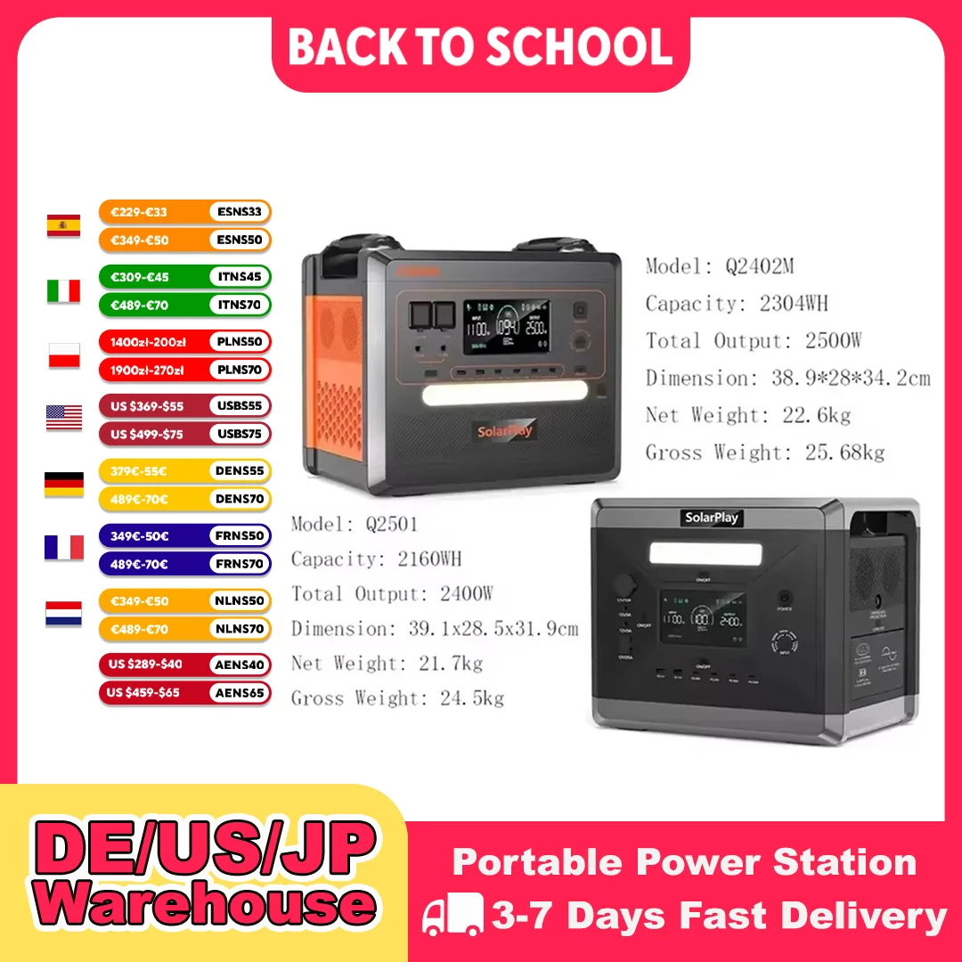 SOLARPLAY Q2501 Q2402M tragbares Kraftwerk 2160WH 2304WH LiFePO4-Batterie mit 2400W/2500W (4800W Peak) Solargenerator