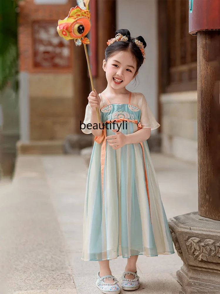 Girls' Han Chinese Costume Summer New Girls Short Sleeve Archaistic Ancient Costume Jacket and Dress