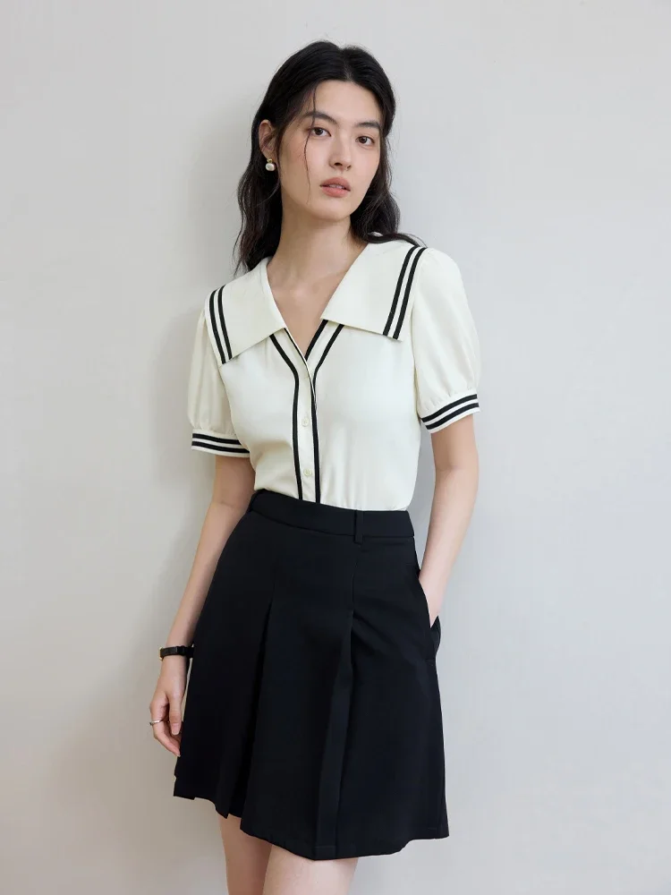 DUSHU Women Contrast Color College Commuting Versatile Summer Shirt 2024 New Navy Collar Puff Sleeve Female Top 24DS82563