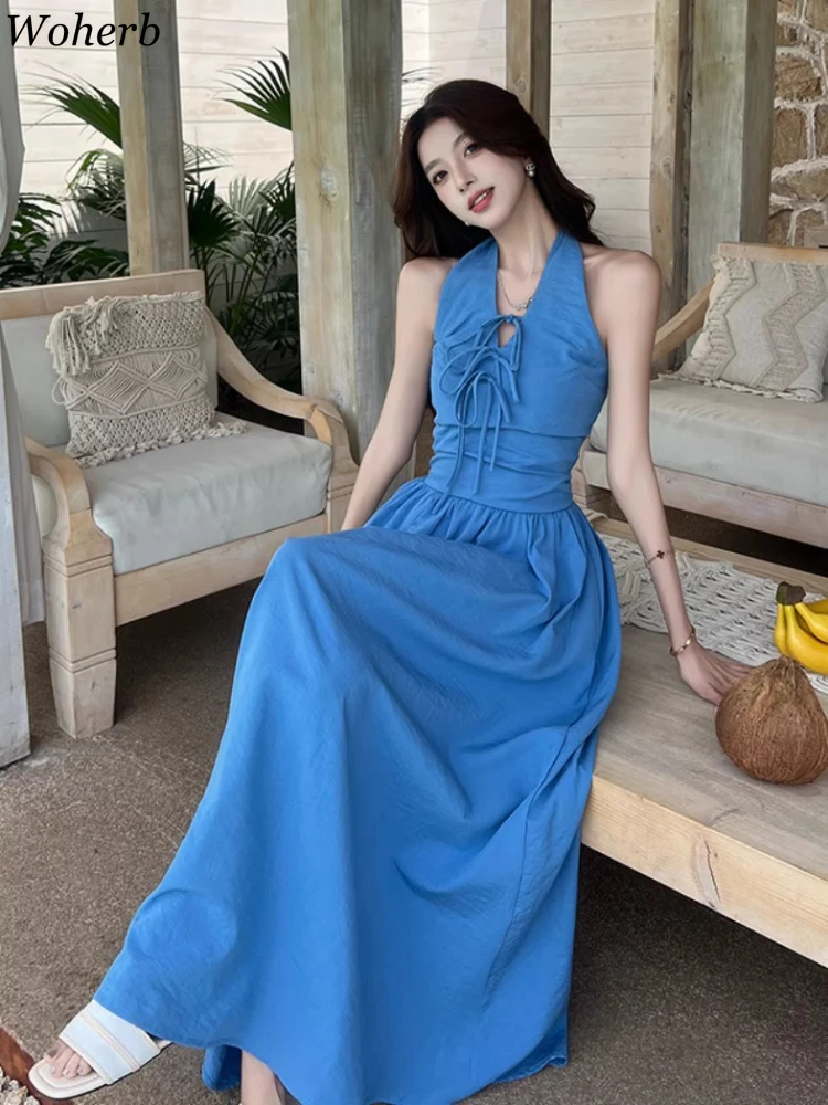

Fashion Halter Bandage Sleeveless Dresses Women Summer Temperament Robe Femme 2025 Vestidos De Mujer Tunic A-line Y2k Maxi Dress