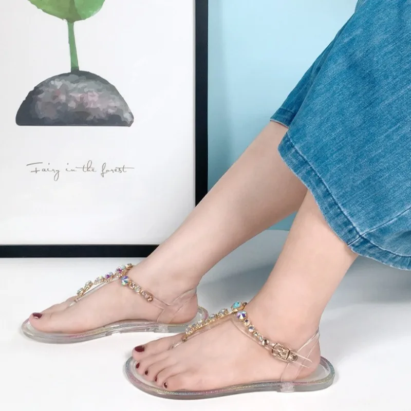 Size 36-42 Women Girls Jelly T- Tied Sandals INS Hot Sales Diamond Transparent PVC Summer Berach Flip-flop Shoes S1055 view 2