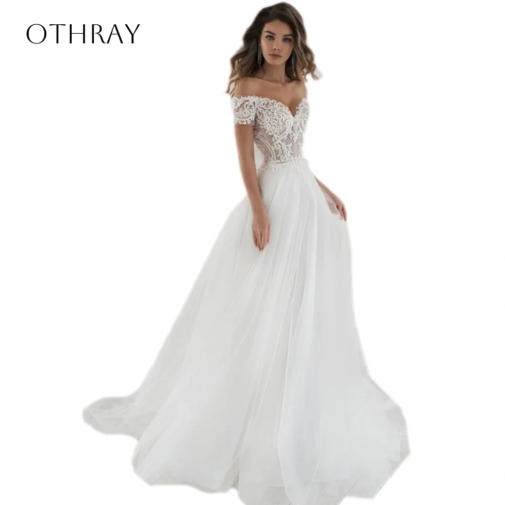 Off Shoulder Appliques A-line Bridal Wedding Gowns Buttons Tulle Sweep Train Customized свадебное платье