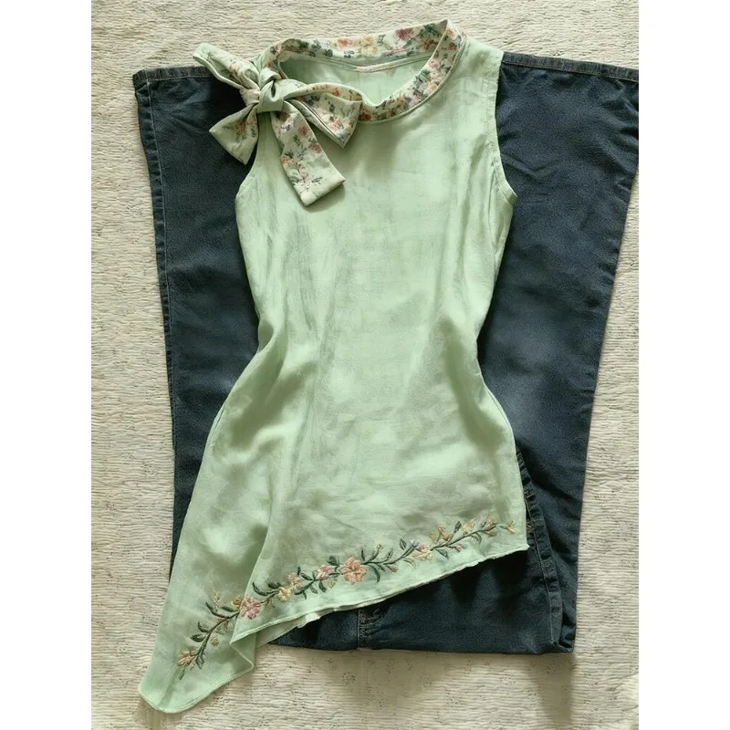 

French Retro Hottie Vest Flower Print Irregular Tank Summer Sweet Patchwork Bow Slim Top Y2K Street Fashion Clothes Ropa Mujer