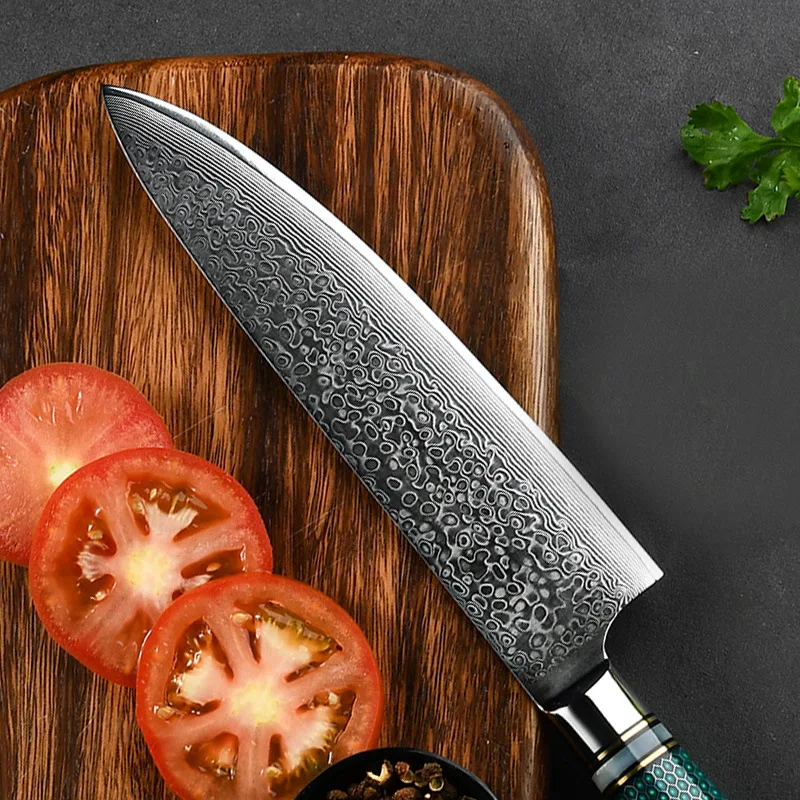 SW 8 Inch Japanese  Damascus Steel Chef Knife Professional Kitchen Cutt Vegetables Fruits Tools Utility Knife Green Resin Handle