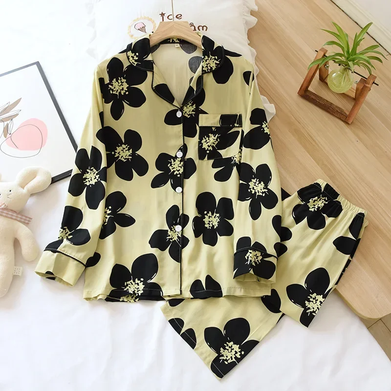 Spring and summer new 100% viscose pajamas two-piece long-sleeved trousers women's flowers comfortable plus size homewear suit