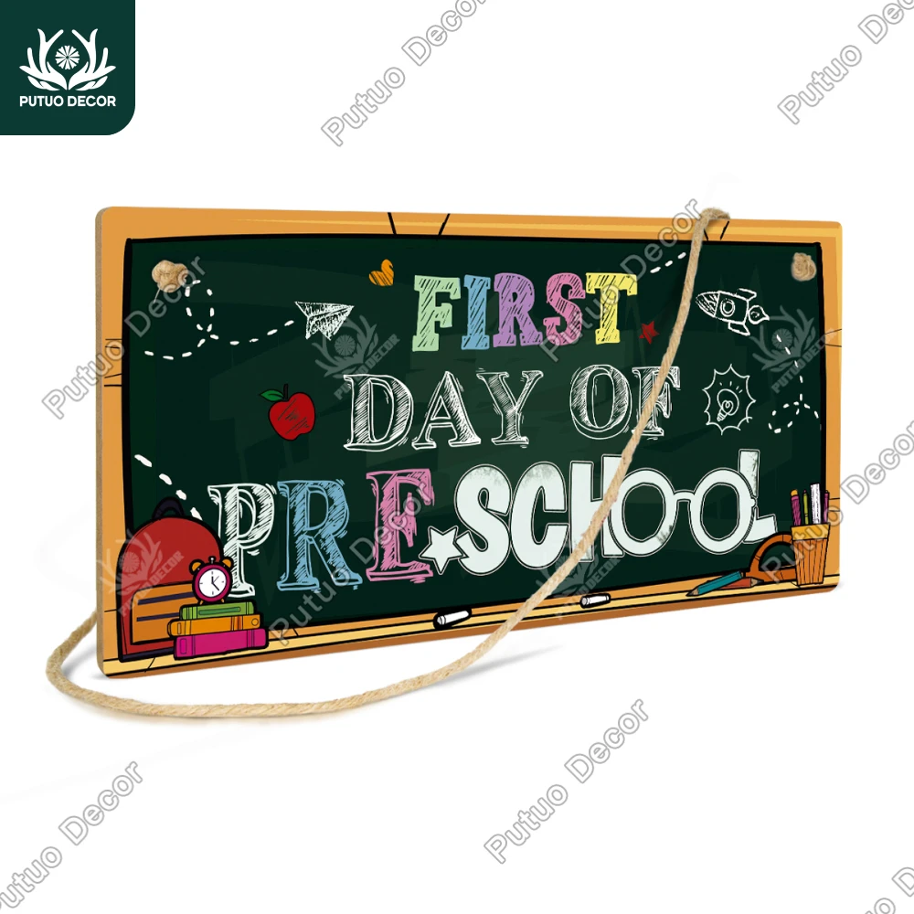 Putuo Decor 1pc Wooden Sign, First Day of Preschool, Wood Hanging Plaque Wall Decor for Preschool,Back to School Season Gifts