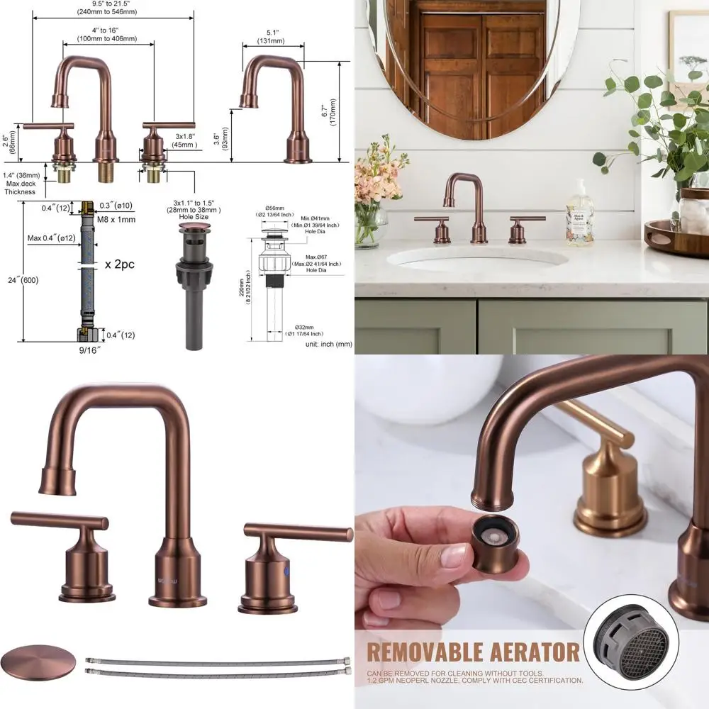 

8 Inch Rose Gold 3-Hole 2-Handle Farmhouse Style Bathroom Sink Faucet with Pop-Up Drain and Supply Lines