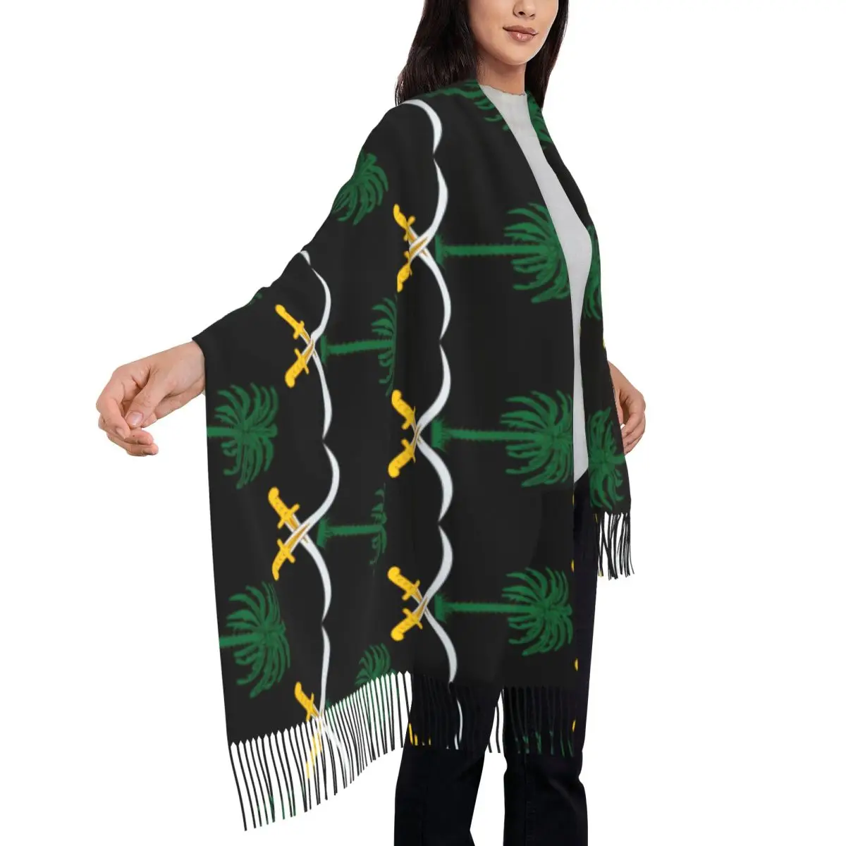 

Emblem Of Saudi Arabia Scarf Women Headwear Scarves with Tassel Autumn Luxury Brand Shawls Wrpas Warm Soft Graphic Foulard