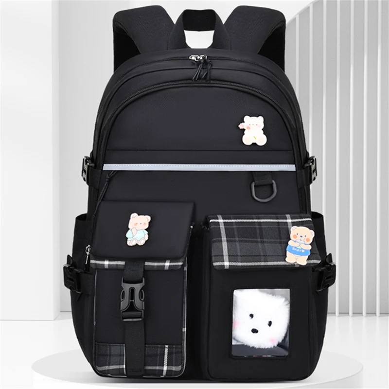 Cute Bear School Bags For Teenager Girls Children Waterproof Backpack Plaid Schoolbag Kids Orthopedics School Backpacks Satchel