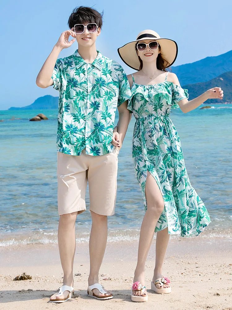 커플 플로럴 셔츠 세트 반팔 티셔츠 비치 휴가 섹시 비치 스트링 드레스 드레스 보일 스타일 미드 웨이스트 프린세스 스커트