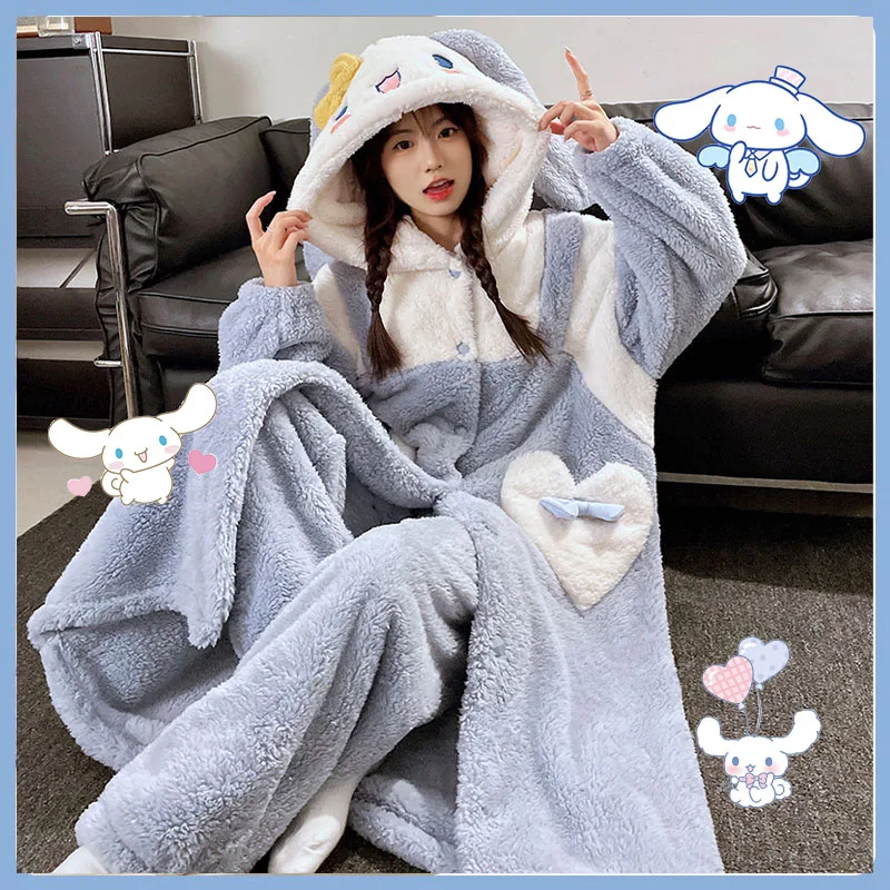 

Kawaii Cinnamoroll плюшевые пижамы для девочек, комплект халатов Sanrioed, женская домашняя одежда с героями мультфильмов My Melody, зимняя длинная стильная утолщенная ночная рубашка