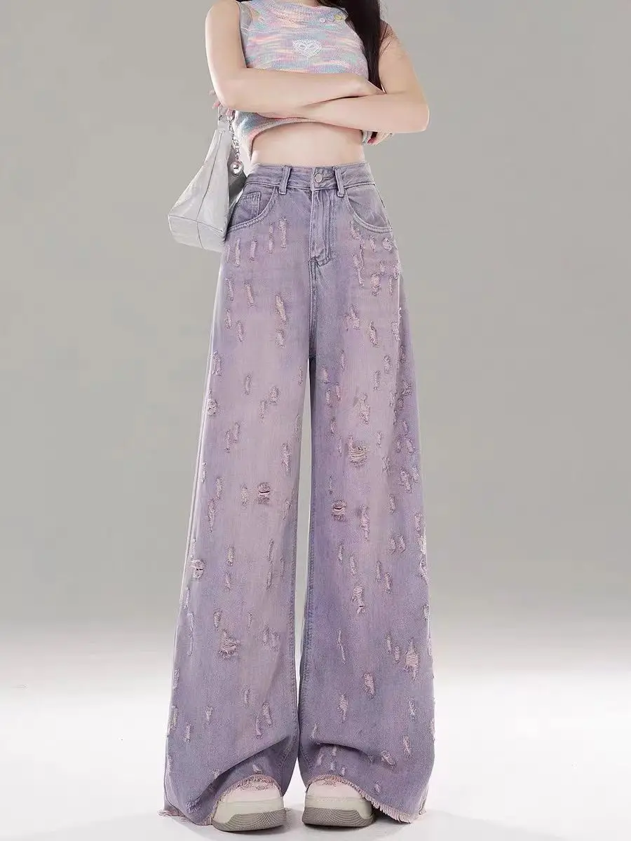 

Pink Purple High Waist Wide Leg Jeans Women's Summer New Hole Ruffle Sensation Floor-Length Pants Sweet Sle Denim Skinnies