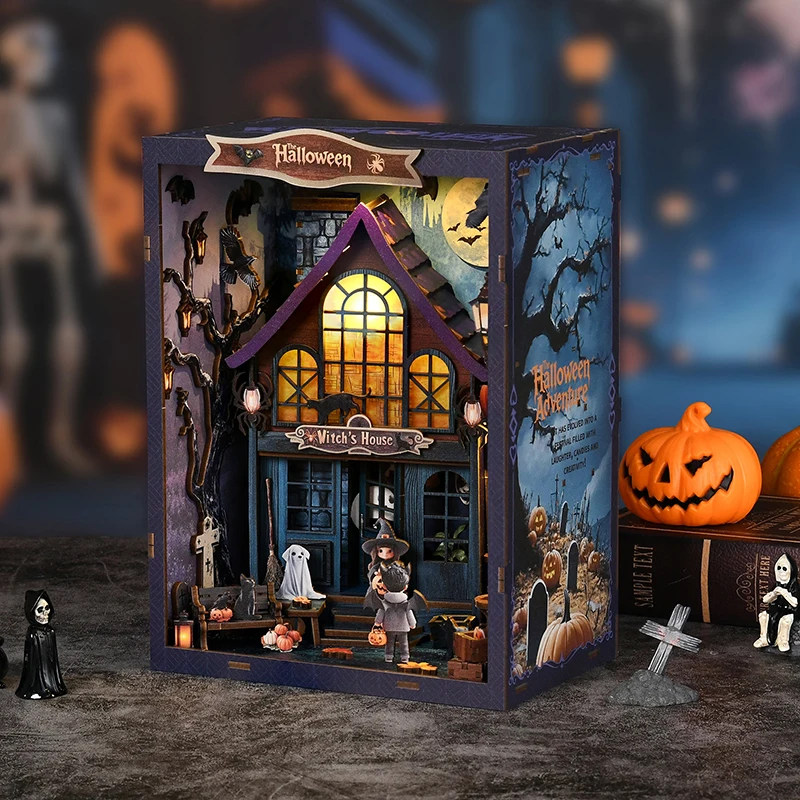 

DIY Book Nook Wooden Miniature Model Kits Helloween Castle Wonderful Night Bookend 3D Puzzle Bookshelf for Friends Birthday Gift