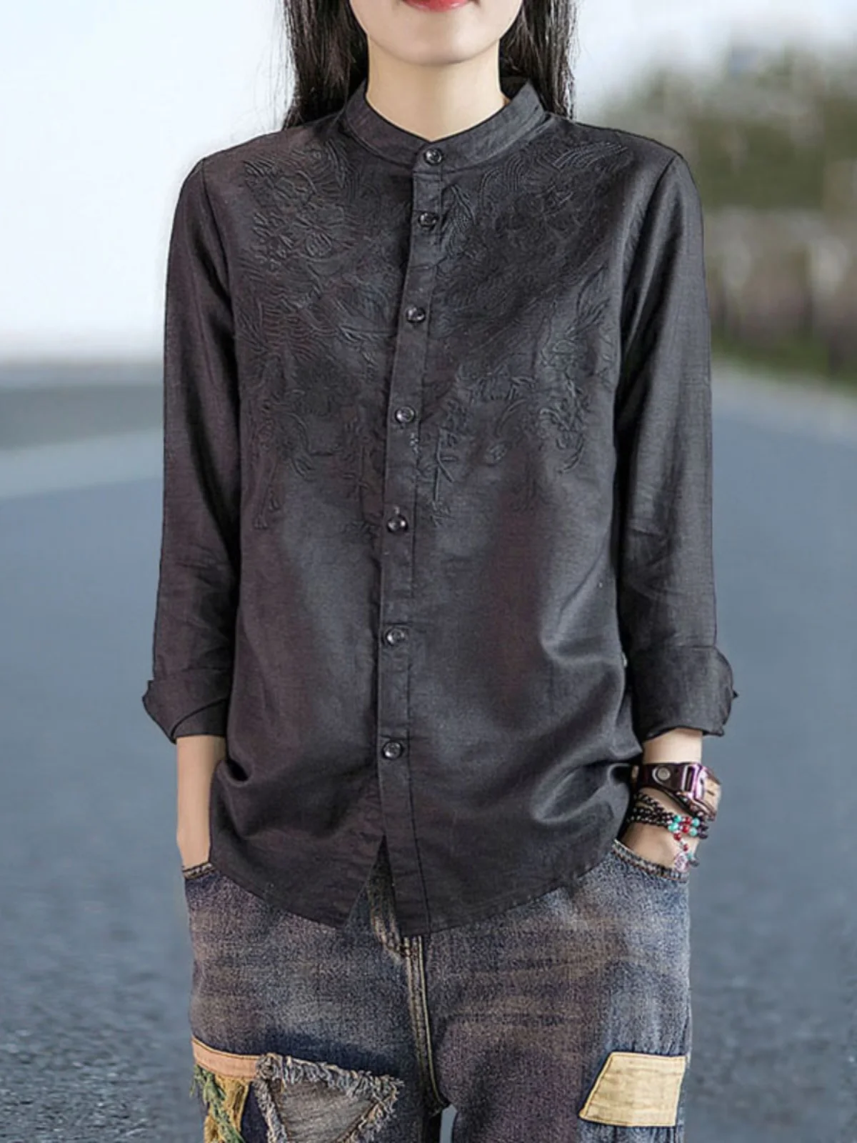 

Casual Loose Cotton Linen Embroidered irt Women's Spring Summer Turn-down Collar Long Sve Top Comfortable Base Layer irt