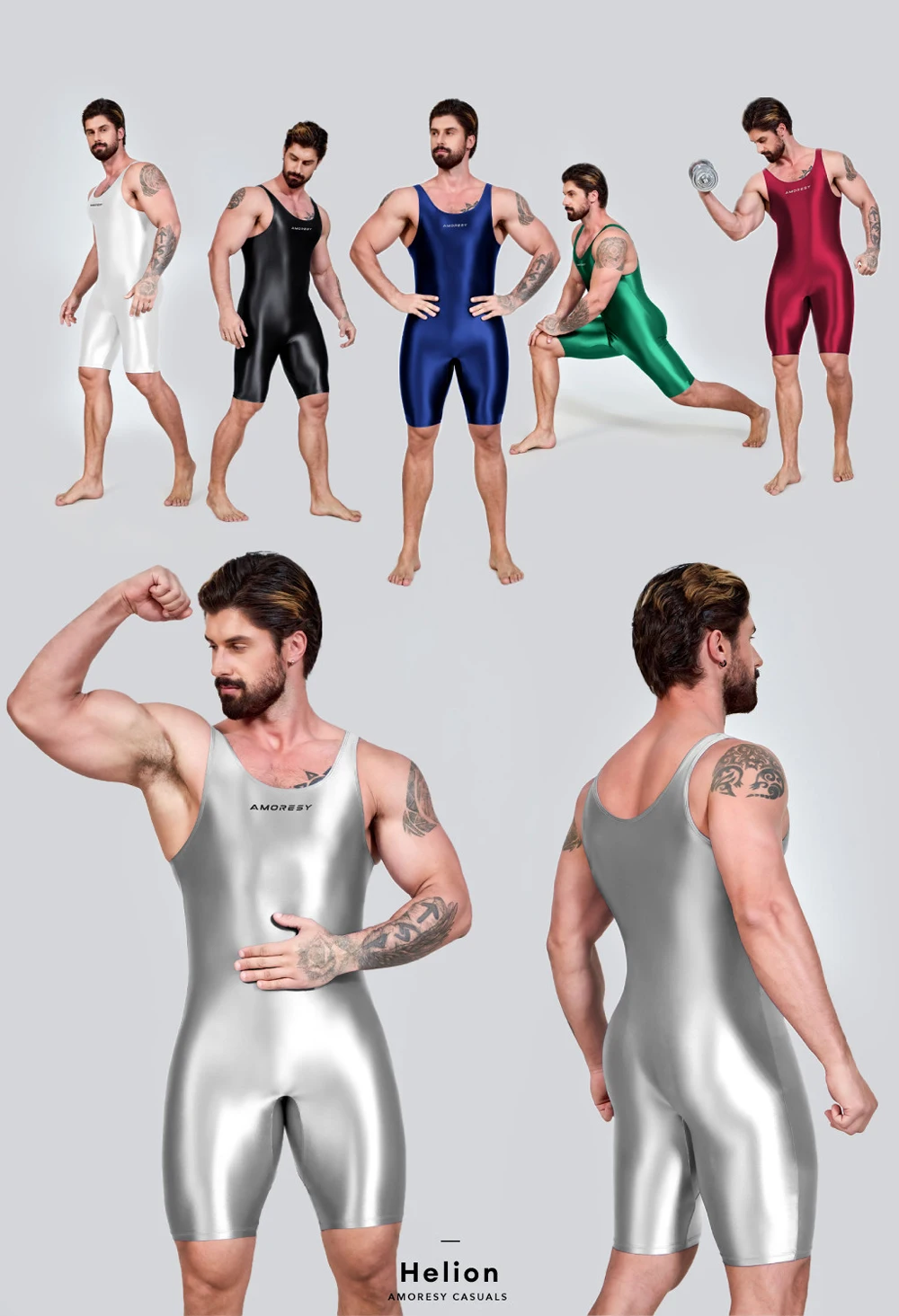 AMORESY Herren Sexy Glänzender, glatter Bodybuilder-Singlet, ärmellos, zum Laufen, Catsuits, Fitness, Yoga, Sport, Overall, Radfahren, einfarbig, eng anliegend – Detail 10