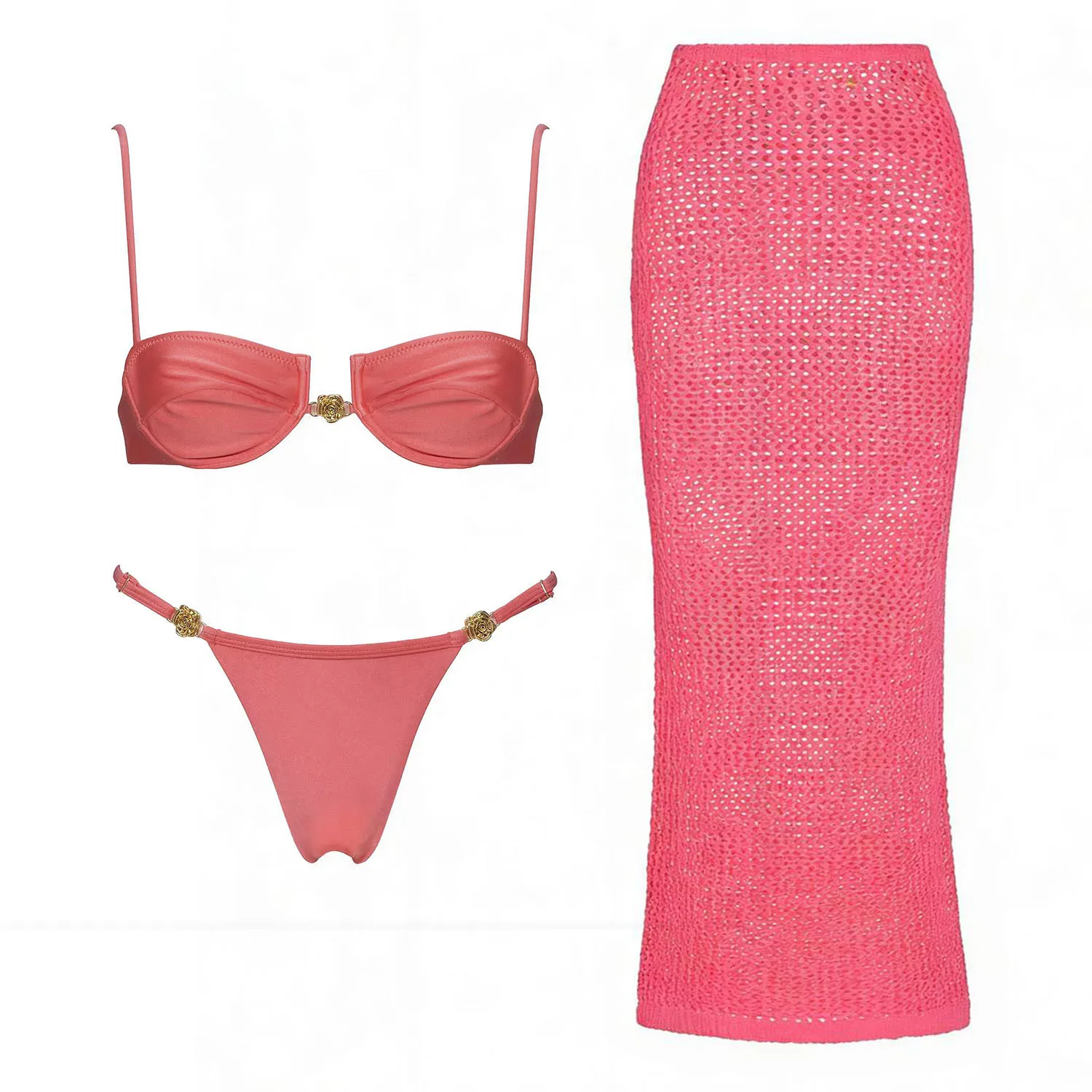 Push Up 3Pcs Swimsuit Sexy Bikini Women Swimwear Brazilian Biquini Crochet Skirt Bathingsuit Female Solid Swim Suit Beachwear