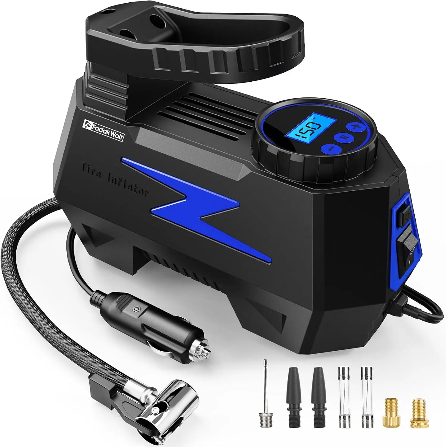 

Portable Tire Inflator 12V Air Compressor with LED & 150PSI Gauge for Car, Motorcycle, Bike, Ball (Blue)