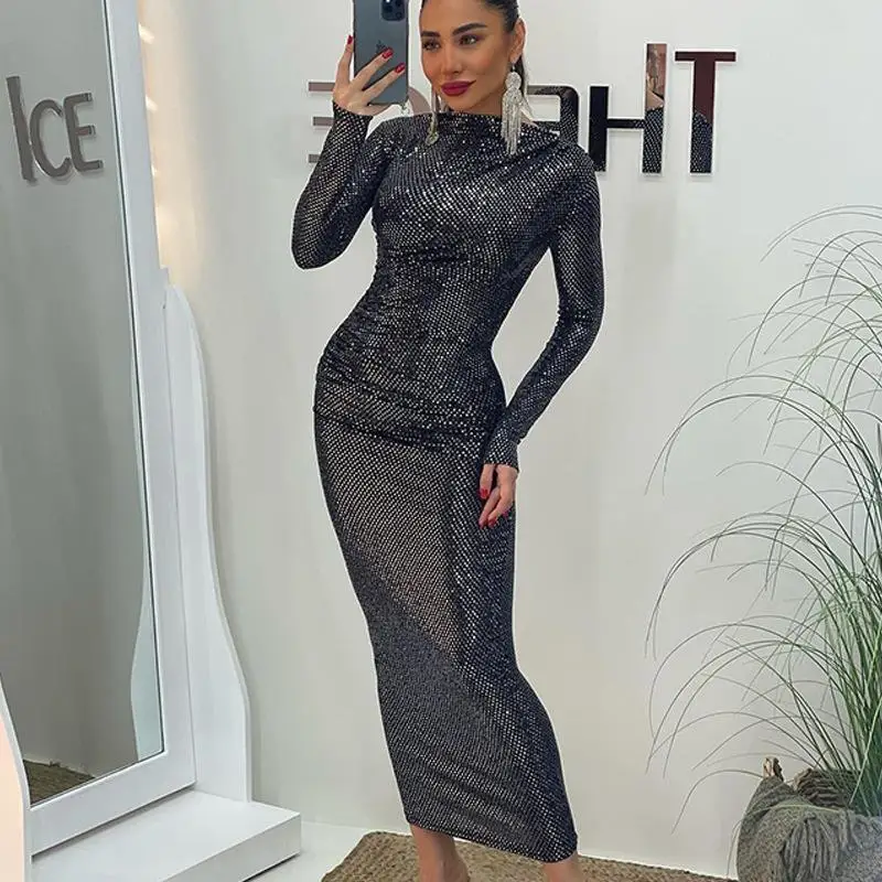 

Women's Sexy Tight Fit Gown with Sequin Design High Waist Bodycon Dr Long Sve round Ne Ciwalk Faion Dr