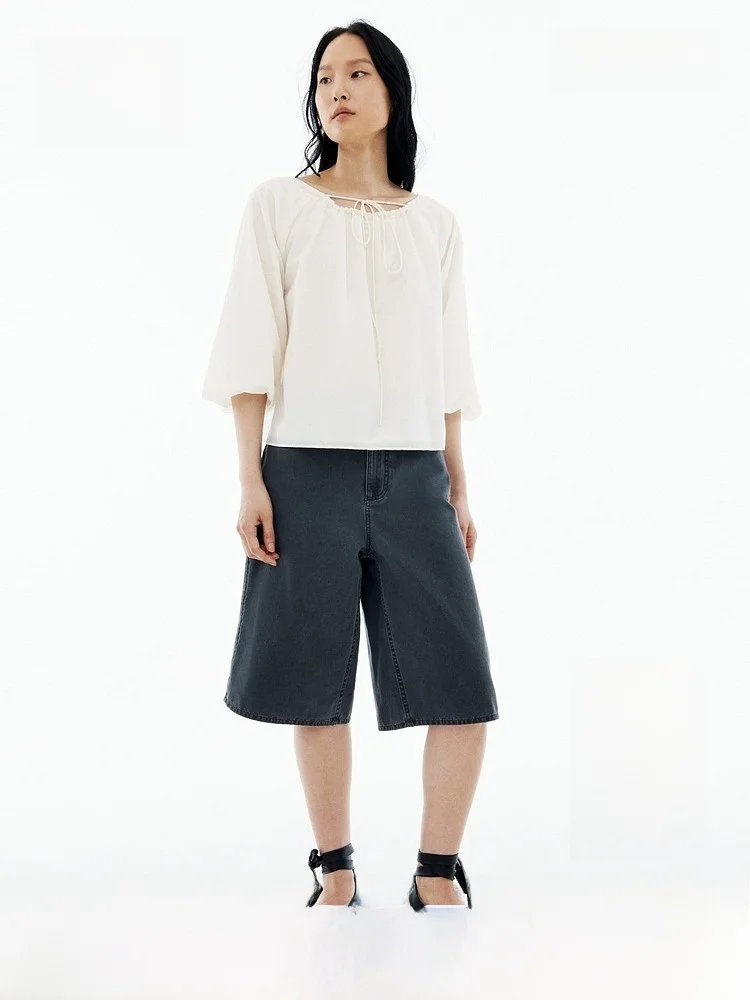 

H&M Summer New Women's Lantern Sleeve Shirt Casual Style Drawstring Nylon Cotton Blend Seven-quarter Sleeve One-shoulder Design