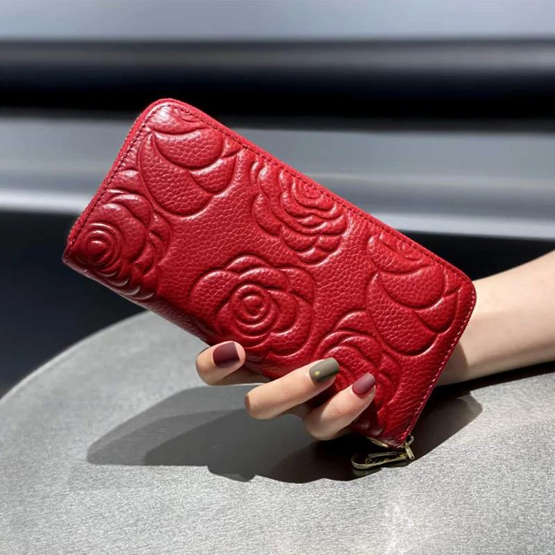 2025 Women's Genuine Leather Long Wallet - Large Capacity Zipper, Embossed Fashion Pattern, Double as Female Phone Bag