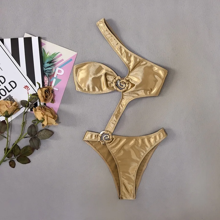 

Shiny Gold One Shoulder Backless Swimwear One Piece Swimsuit Woman 2025 Hollow Out Monokini Metal Ring High Cut Bathing Suit