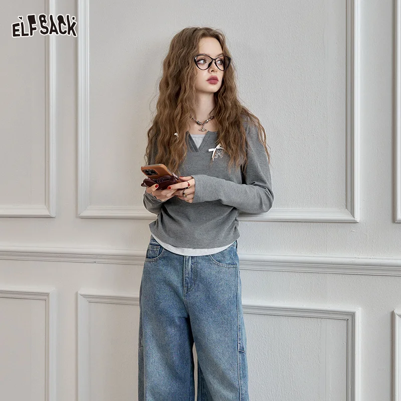 ELFSACK Women Y2K Cropped Long‑Sleeve Top with Bow & Embroidery Detail, Slim Fit Fall Casual Ribbed Tee Shirt