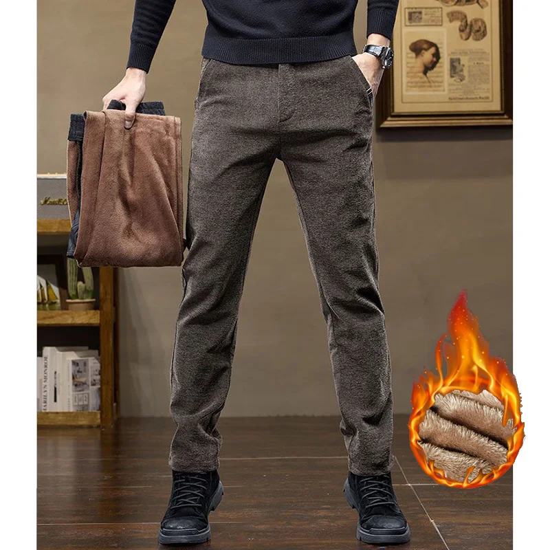 

Men Fashion Autumn Winter Thickened Warm Pants Male Daily Snow Warm Plush Fleece Pants Loose Straight Leg Camel Long Trousers
