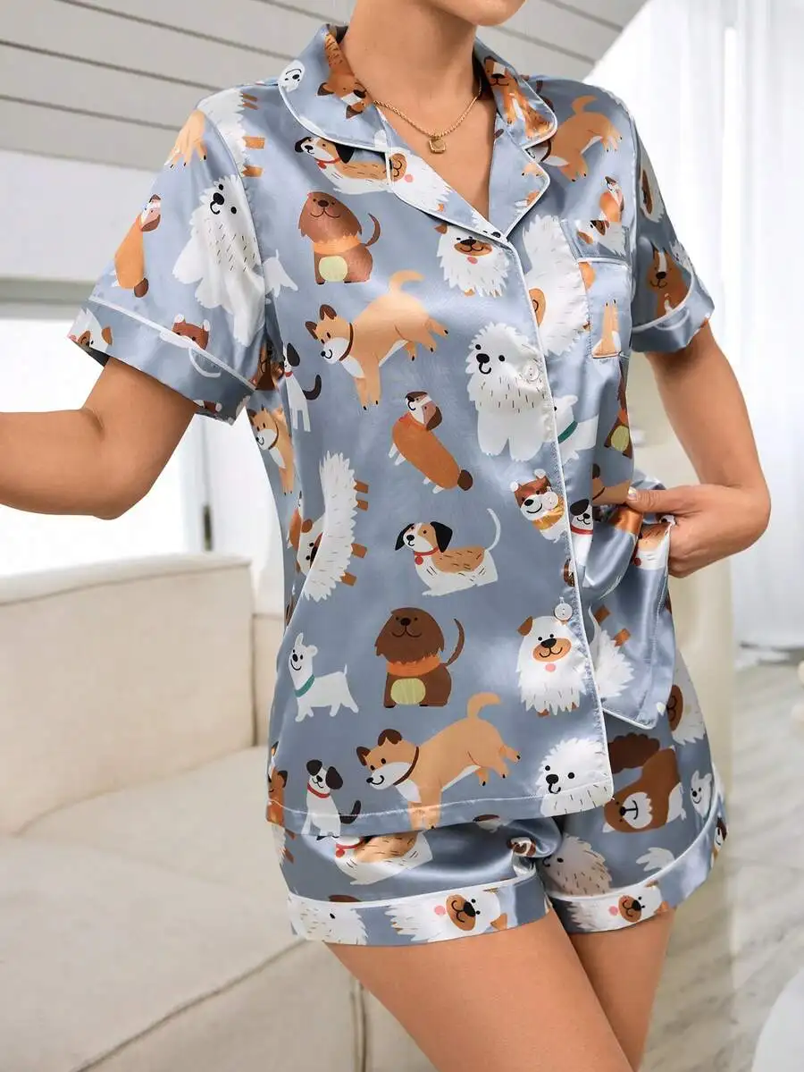 

Women Pajama Set Short Sleeve Top And Shorts With Puppy Pattern Satin Sleepwear