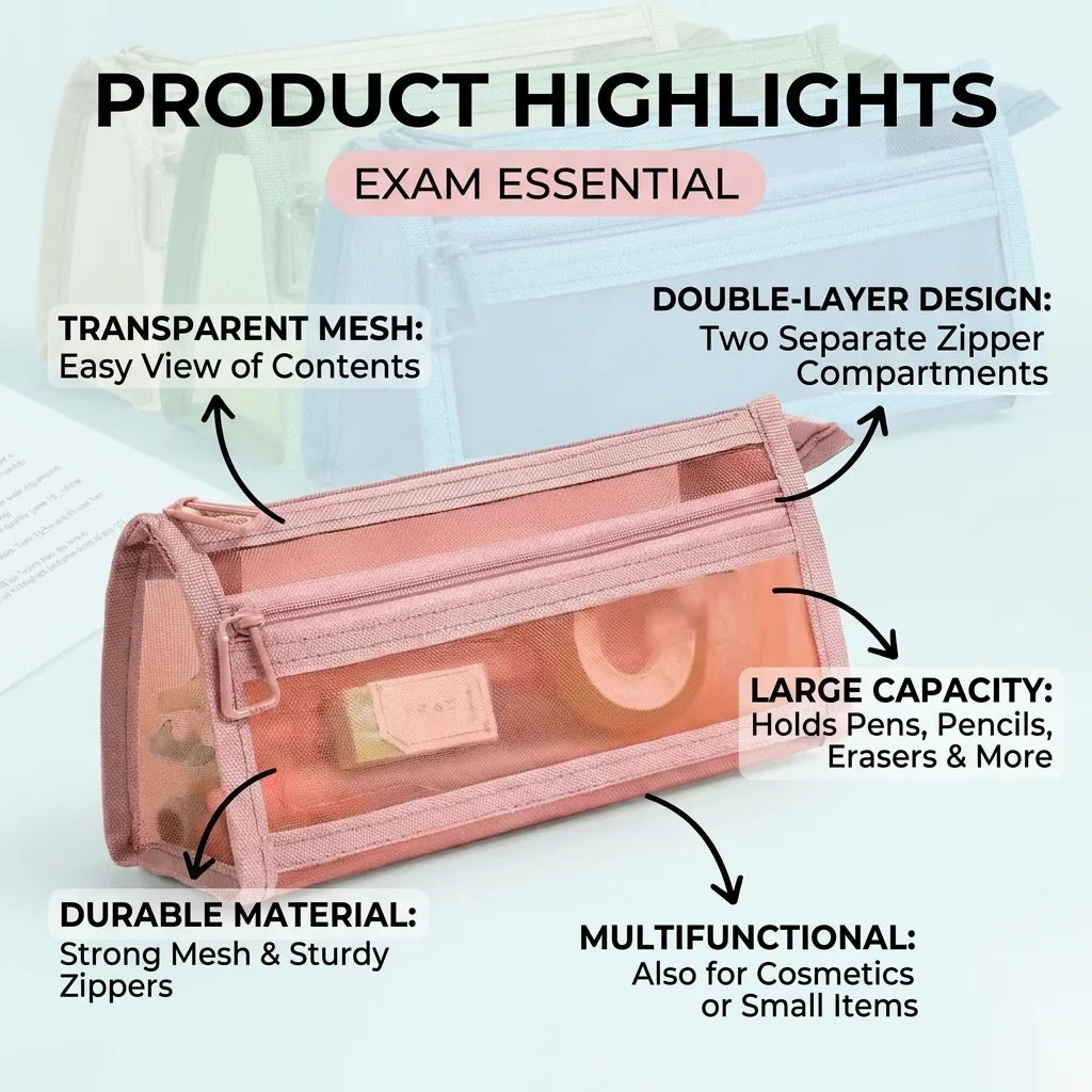 Transparent Mesh Design Pencil Case Essential Stationery for Exams Student Supplies Simple Pencil Box for Organizing Writing