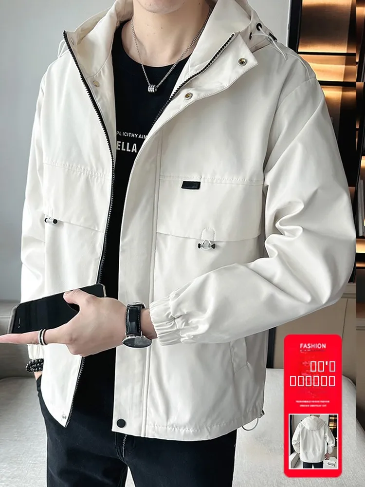 

Trendy Men's Spring Autumn Jaet Hooded Workwear Waterproof Windproof Outdoor Mountain Climbing Casual Raincoat Zipper Closu...