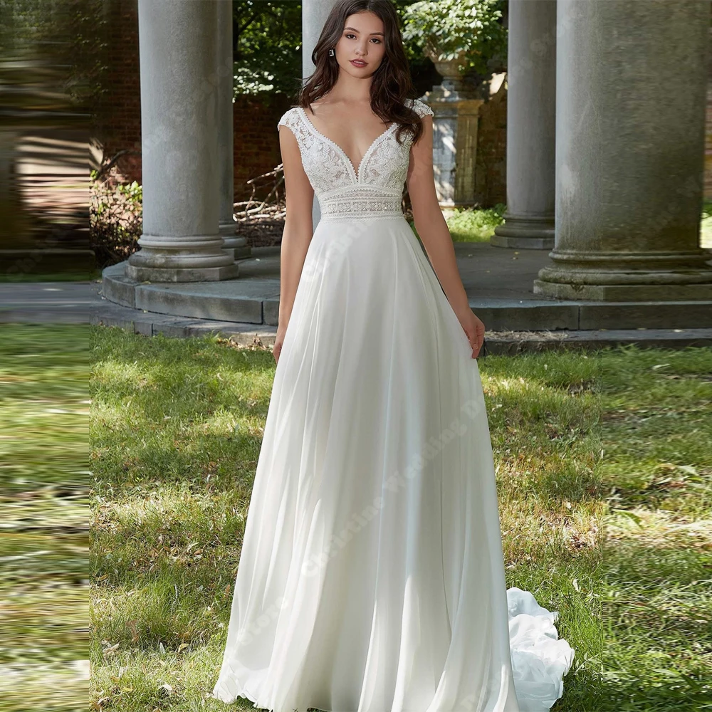 

Sexy V-Neck Wedding Dresses Elegant Lace Print A-Line Bridal Gowns Mopping Length Princess Banquet Vestidos De Novias Customized