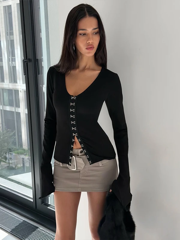 CNYISHE Casual Fashion Cool Long Sleeve Button Design Black Slimming Versatile Open Cardigan Women's T-shirt High Waist V-neck