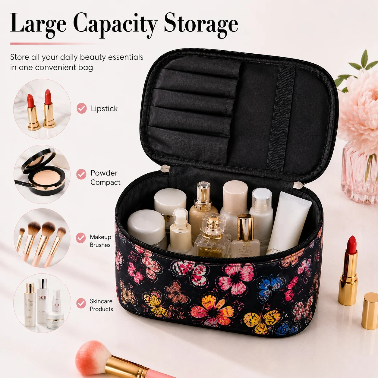 High Capacity Waterproof Portable Women's Makeup Bag - Travel Toiletries Organizer Cosmetic Storage Case with Zipper Wash Beauty