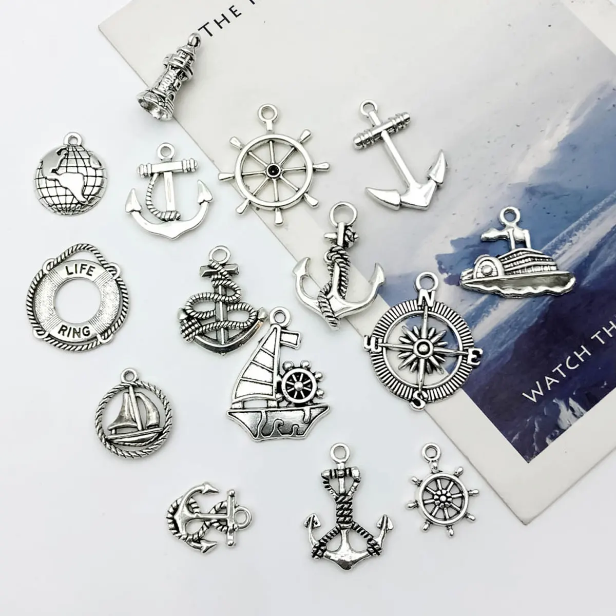 15Pcs Antique Silvery Anchor Rudder Boat Charms Compass Navigation Pendants For DIY Bracelet Supplies Jewelry Making Accessories